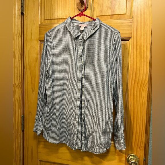 St. Tropez size large striped button down with iridescent buttons - Picture 1 of 7